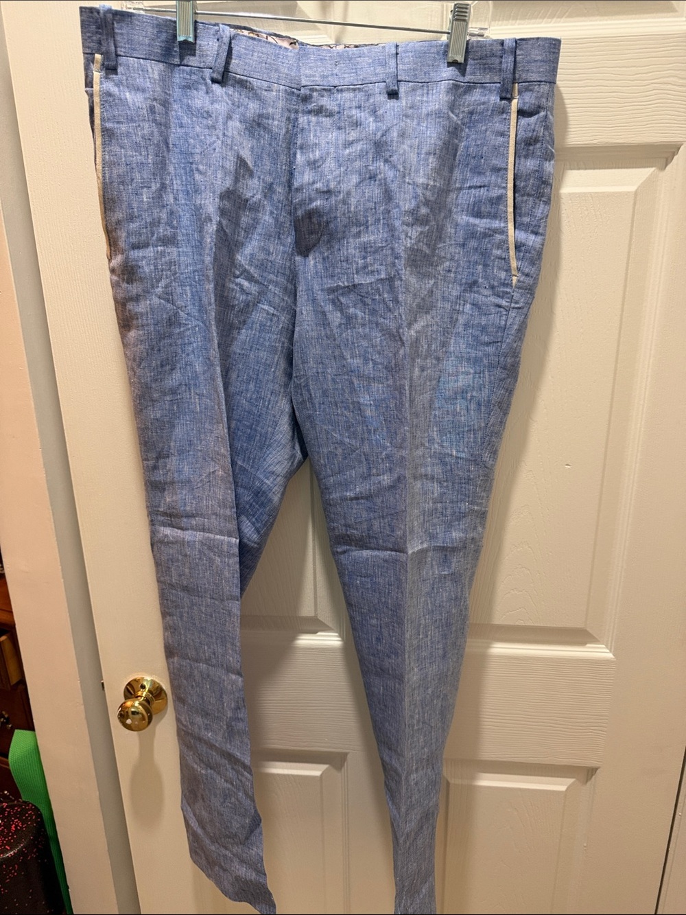 TALLIA linen Light Blue Chinos with Cream Piping